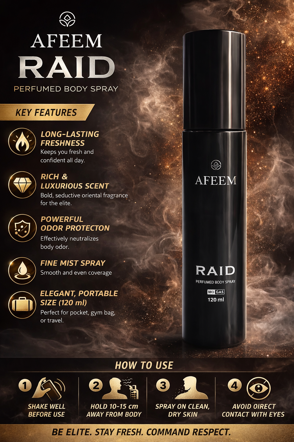Afeem Raid Perfumed Body Spray for Men, Long Lasting Freshness, Rich Oriental Fragrance, Powerful Odor Protection, Fine Mist Spray – 120 ml