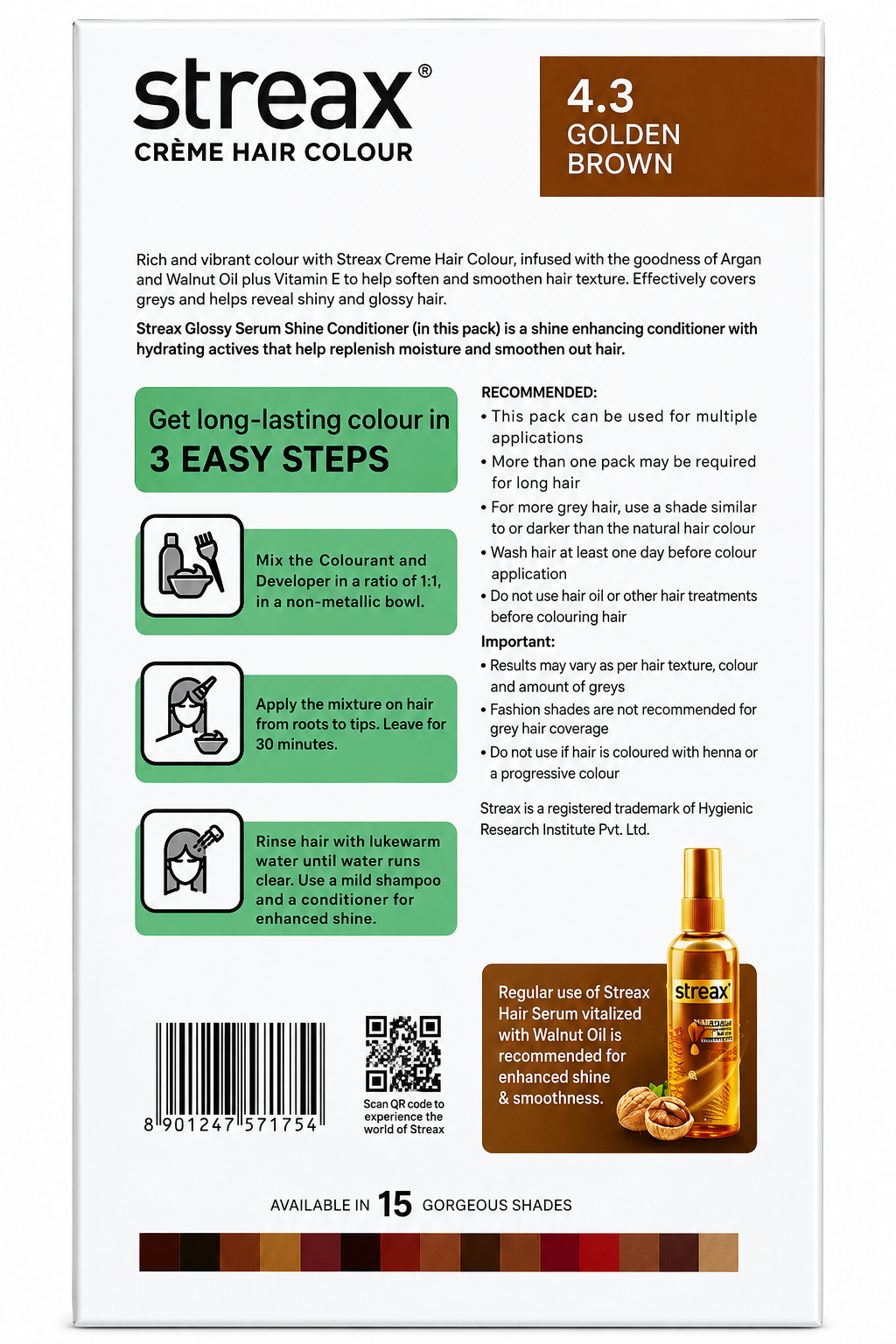 Streax Crème Hair Colour 4.3 Golden Brown | Permanent Hair Color with Argan & Walnut Oil, Vitamin B5 & E | Grey Coverage | Complete Hair Colour Kit