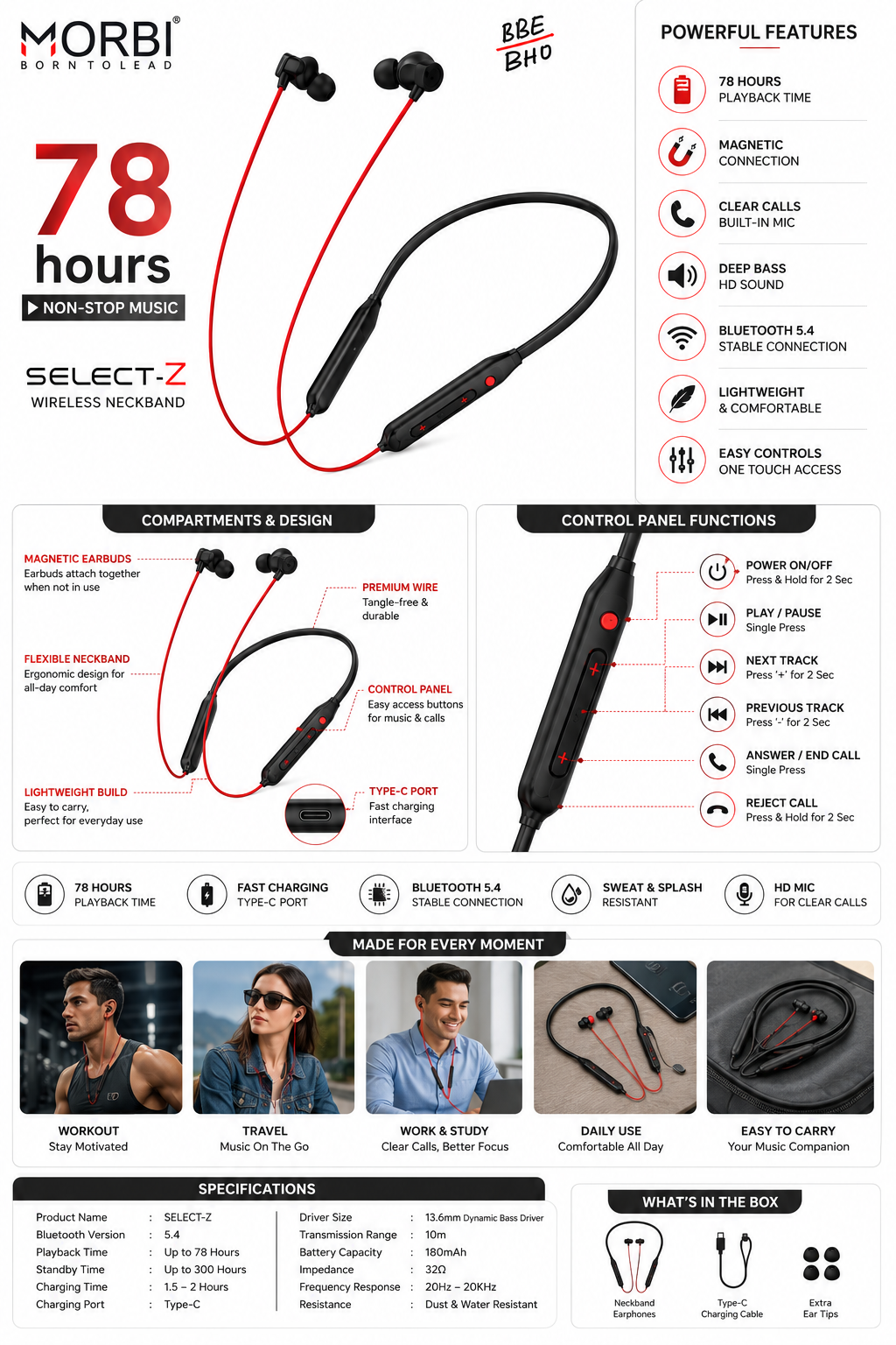 MORBI SELECT-Z Wireless Bluetooth Neckband Earphones with Mic, 78 Hours Playback, Bluetooth 5.4, Magnetic Earbuds, Deep Bass, HD Mic, Type-C Fast Charging, Sweat & Splash Resistant, Lightweight Neckband, Black & Red