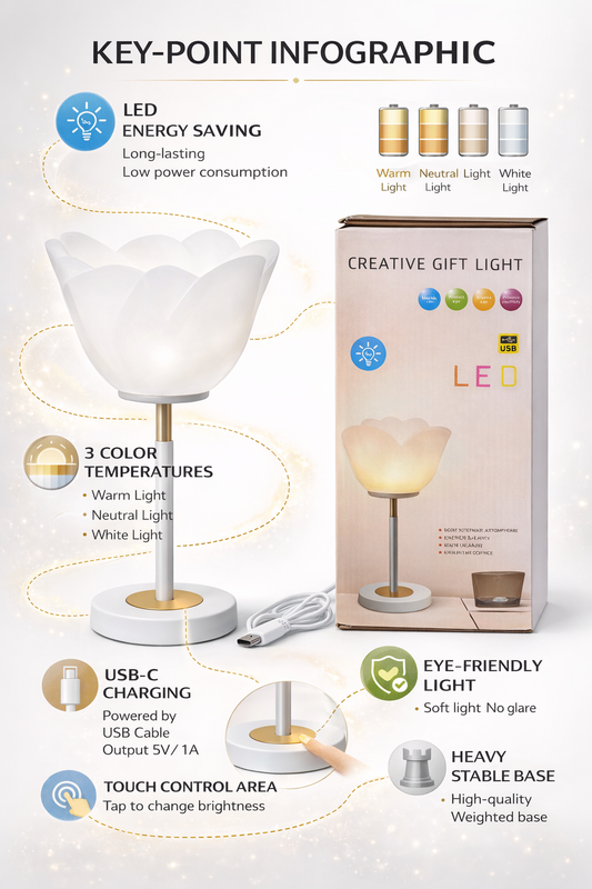 LED Touch Table Lamp with USB-C Charging | Dimmable Bedside Lamp with 3 Color Modes (Warm/Neutral/White) |