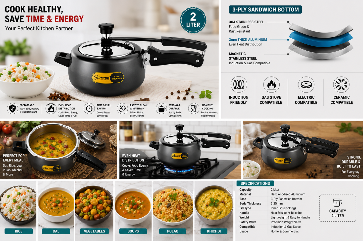 Sitaram Hard Anodised Pressure Cooker 2 Litre | Inner Lid Pressure Cooker | 3 Ply Sandwich Bottom | Induction & Gas Compatible | Hard Anodized Aluminium Cooker | Black