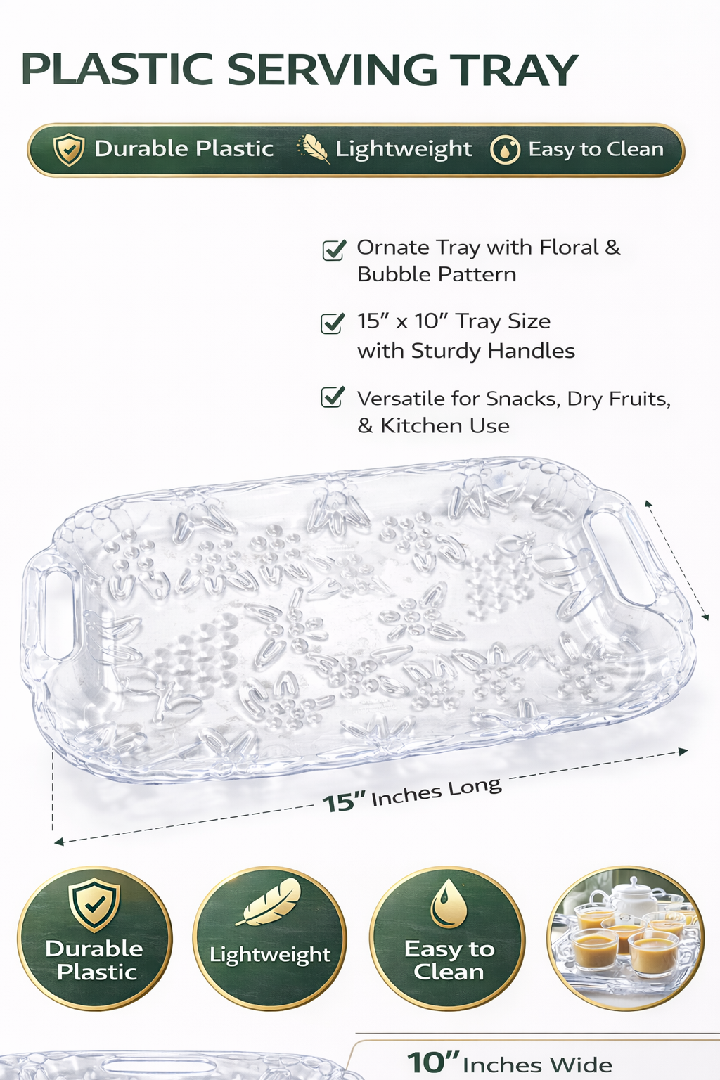 Plastic Serving Tray 15 x 10 Inches | Transparent Durable Tray with Handles | Lightweight & Easy to Clean
