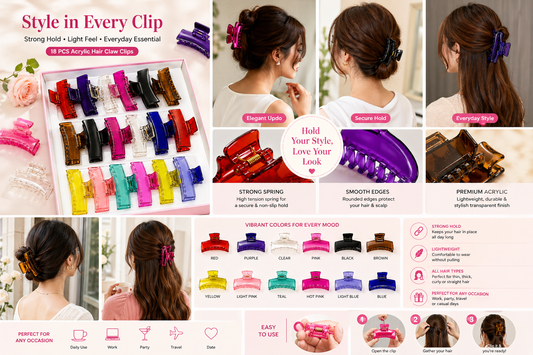 Harmal Store Premium Acrylic Hair Claw Clips – 06-Piece Mega Set of Large Rectangular Hair Clamps – Strong Hold, Lightweight, and Stylish Transparent Matte Colors for All Hair Types