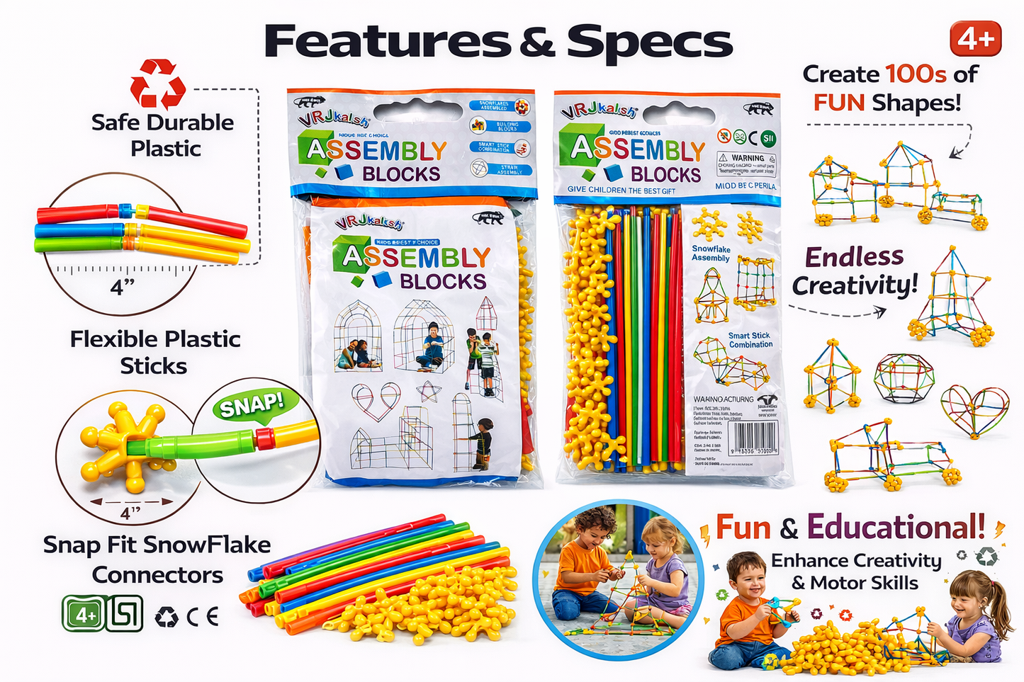 Kids Assembly Blocks Stick Building Set | Creative Construction Toy with Connectors & Flexible Rods
