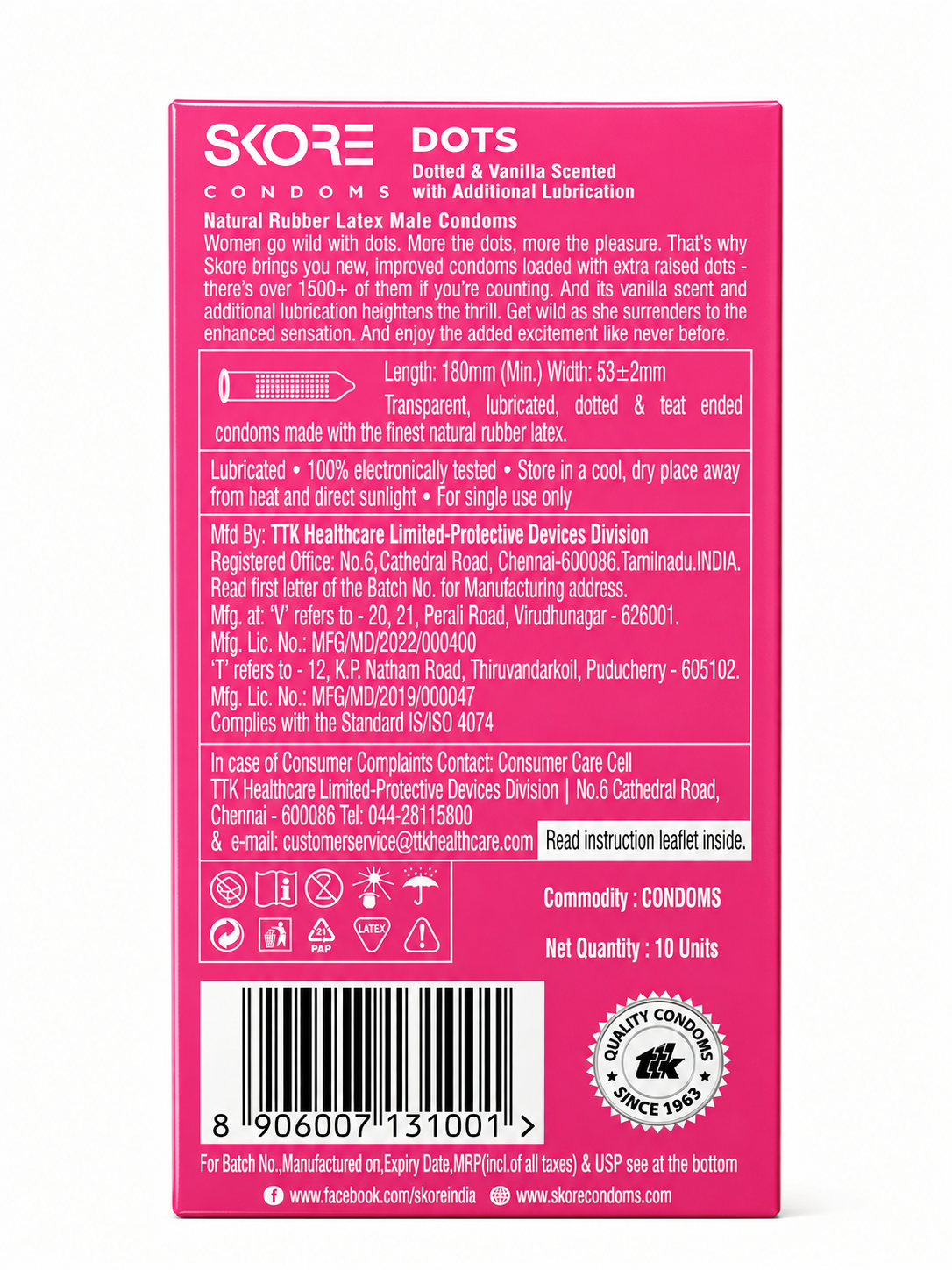 SKORE Dots Condoms, 10 Count | 1500+ Raised Dots | Extra Lubricated | Vanilla Scented | Ultra Thin Natural Rubber Latex Condoms | 53 ± 2 mm Width