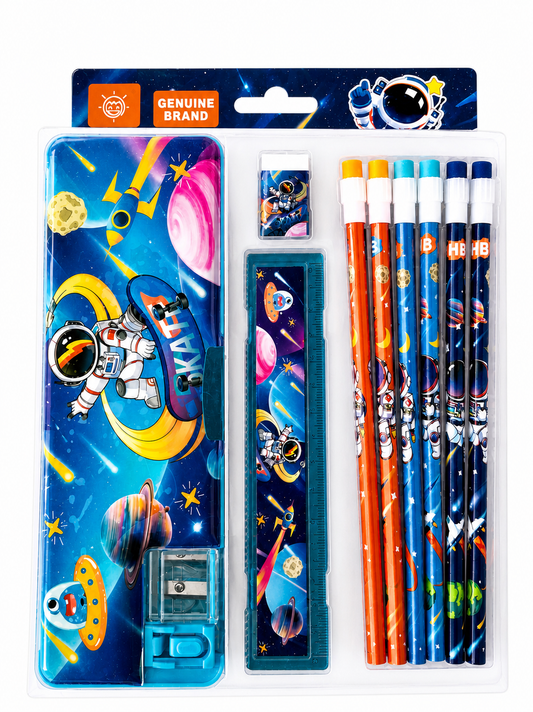 Space Adventure 12-Piece Stationery Set for Kids – Includes Astronaut Pencil Case, HB Pencils, 15cm Ruler, Eraser & Built-in Sharpener – Perfect Back to School Gift for Boys & Girls