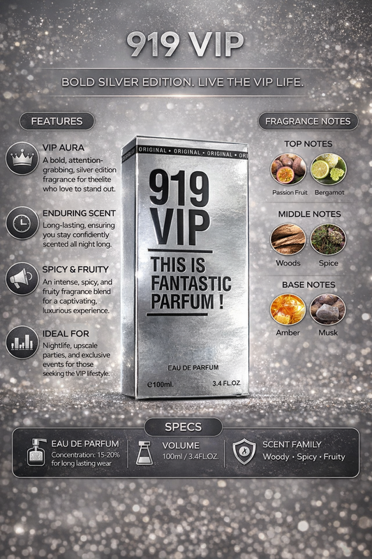 919 VIP Eau De Parfum for Men, Long-Lasting Woody Spicy Fruity Perfume with Amber & Musk Notes, 100ml
