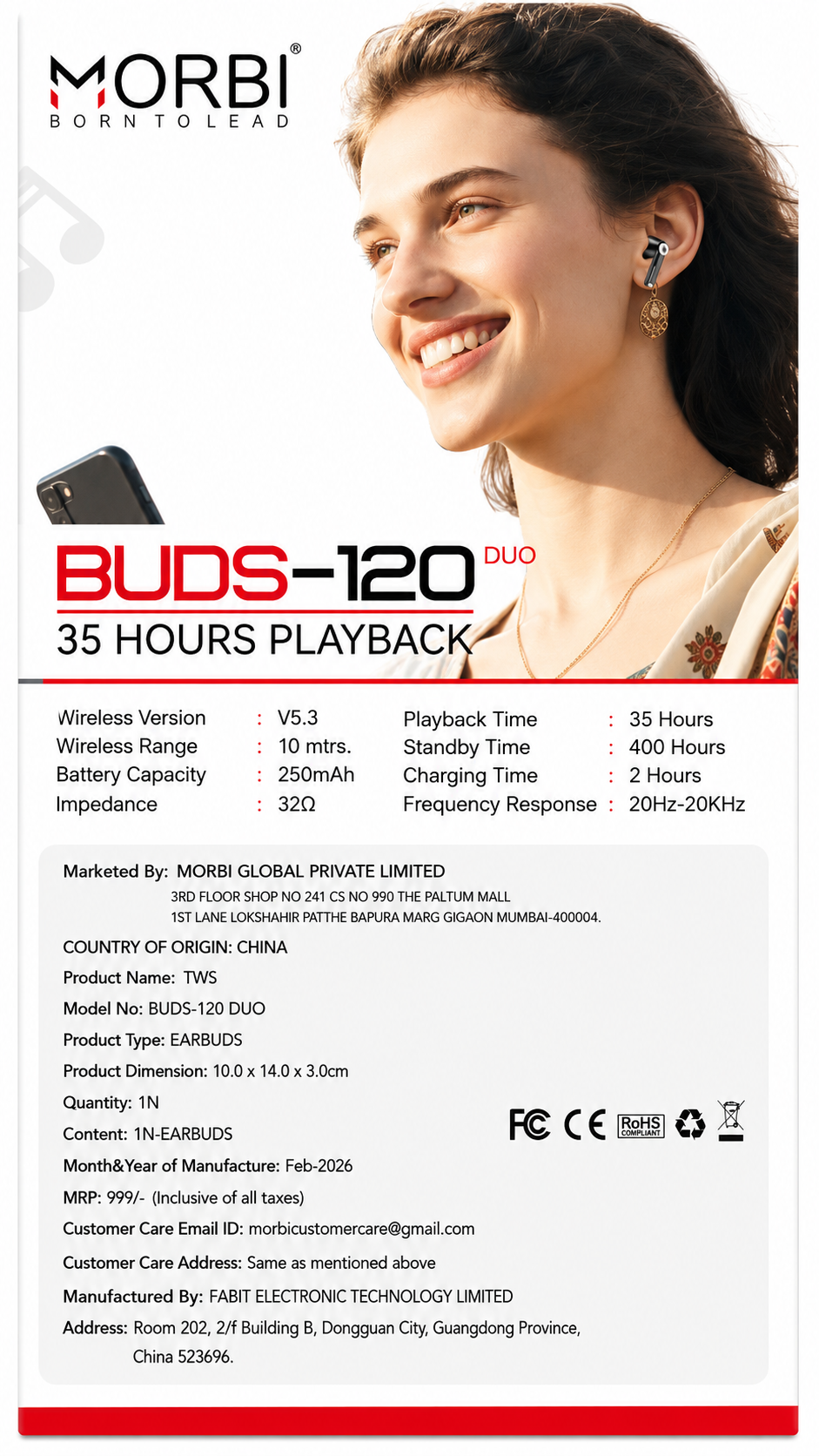 Morbi BUDS-120 DUO True Wireless Earbuds, Bluetooth 5.3, Up to 35 Hours Playback, Hi-Fi Audio, Powerful Bass, Dual Mic ENC, Touch Control, Type-C Fast Charging, IPX4 Sweat & Splash Resistant
