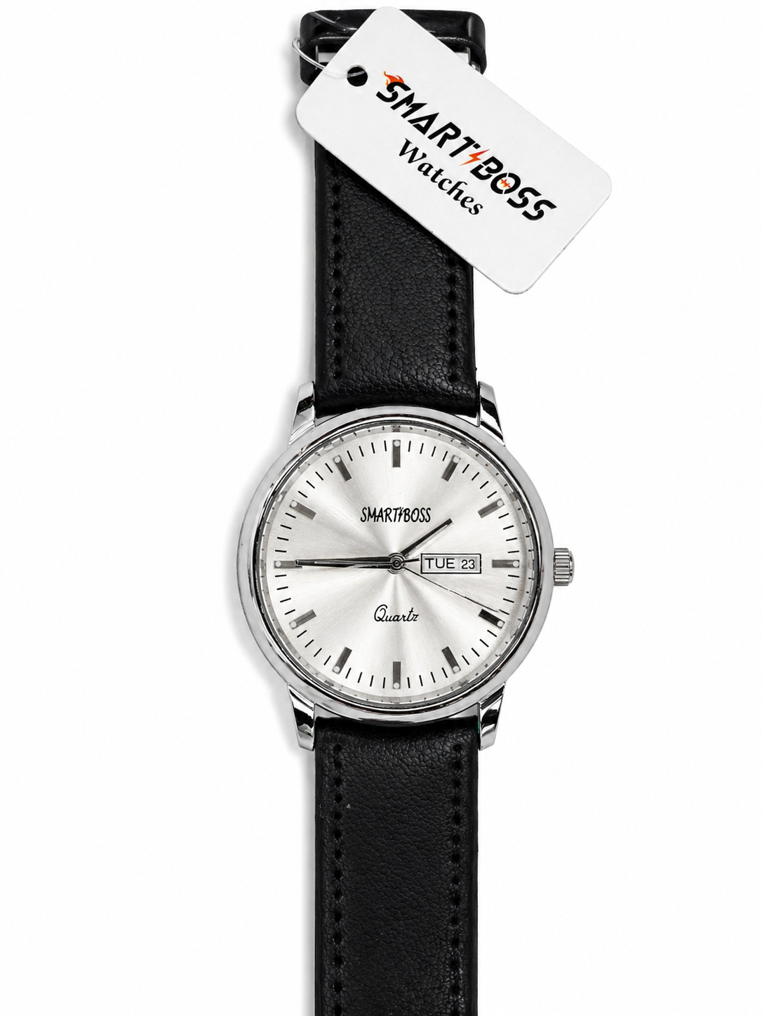 Smartboss Men’s Analog Watch with Day & Date Display | Black Leather Strap | Quartz Movement | Silver Dial Classic Wristwatch | Formal & Casual Wear