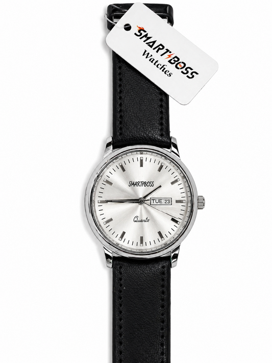 Smartboss Men’s Analog Watch with Day & Date Display | Black Leather Strap | Quartz Movement | Silver Dial Classic Wristwatch | Formal & Casual Wear