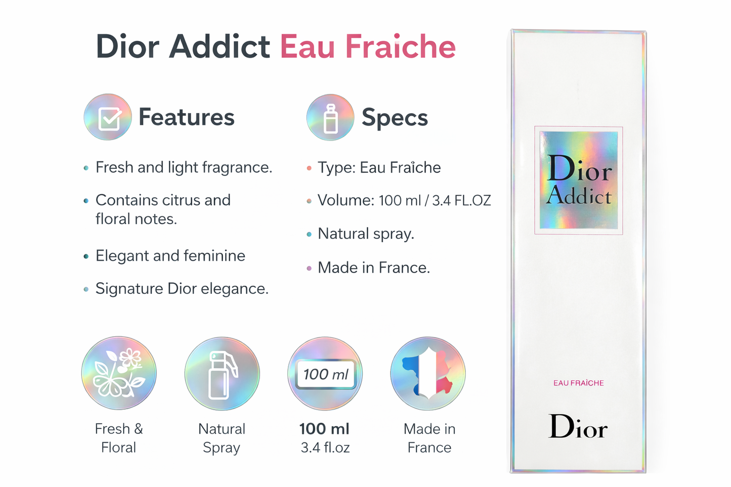 Dior Addict Eau Fraîche Eau de Toilette 100ml – Fresh Floral Citrus Perfume for Women – Long Lasting Luxury Fragrance Spray – Made in France