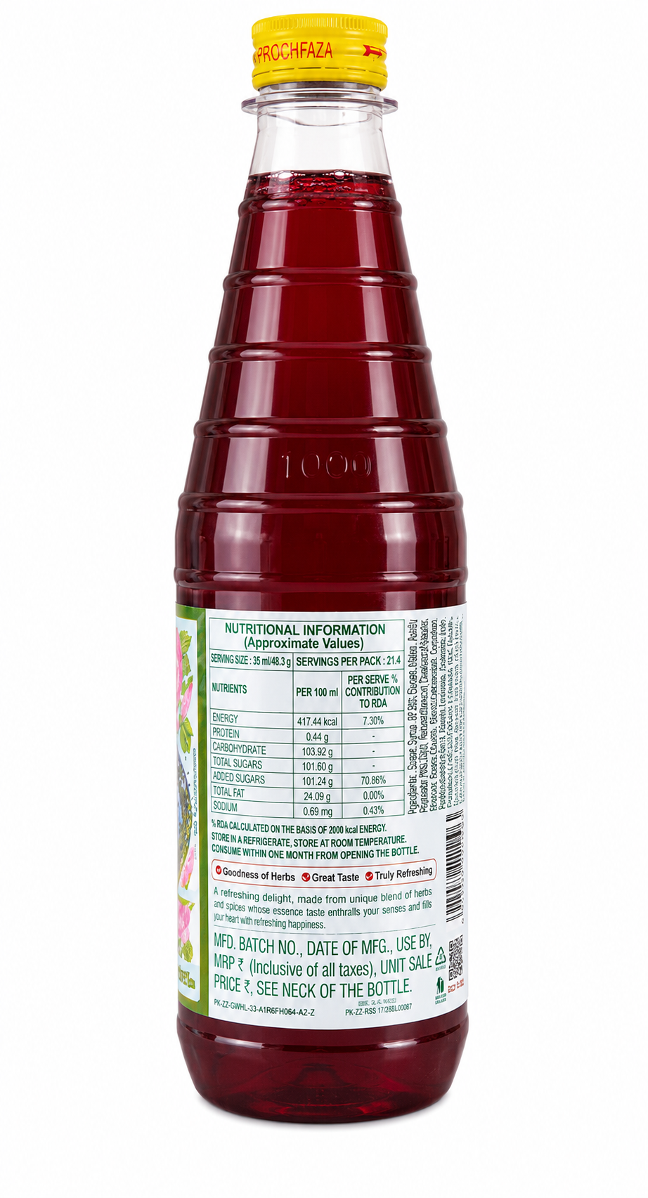 Hamdard Roohafza Sharbat Syrup, Rose Flavoured Herbal Drink Concentrate, Perfect for Milk, Lassi, Falooda & Summer Drinks, 800 ml