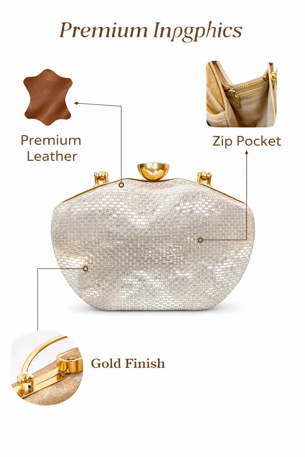 Luxury Gold Clutch Purse for Women | Premium Leather Evening Bag with Glitter Finish