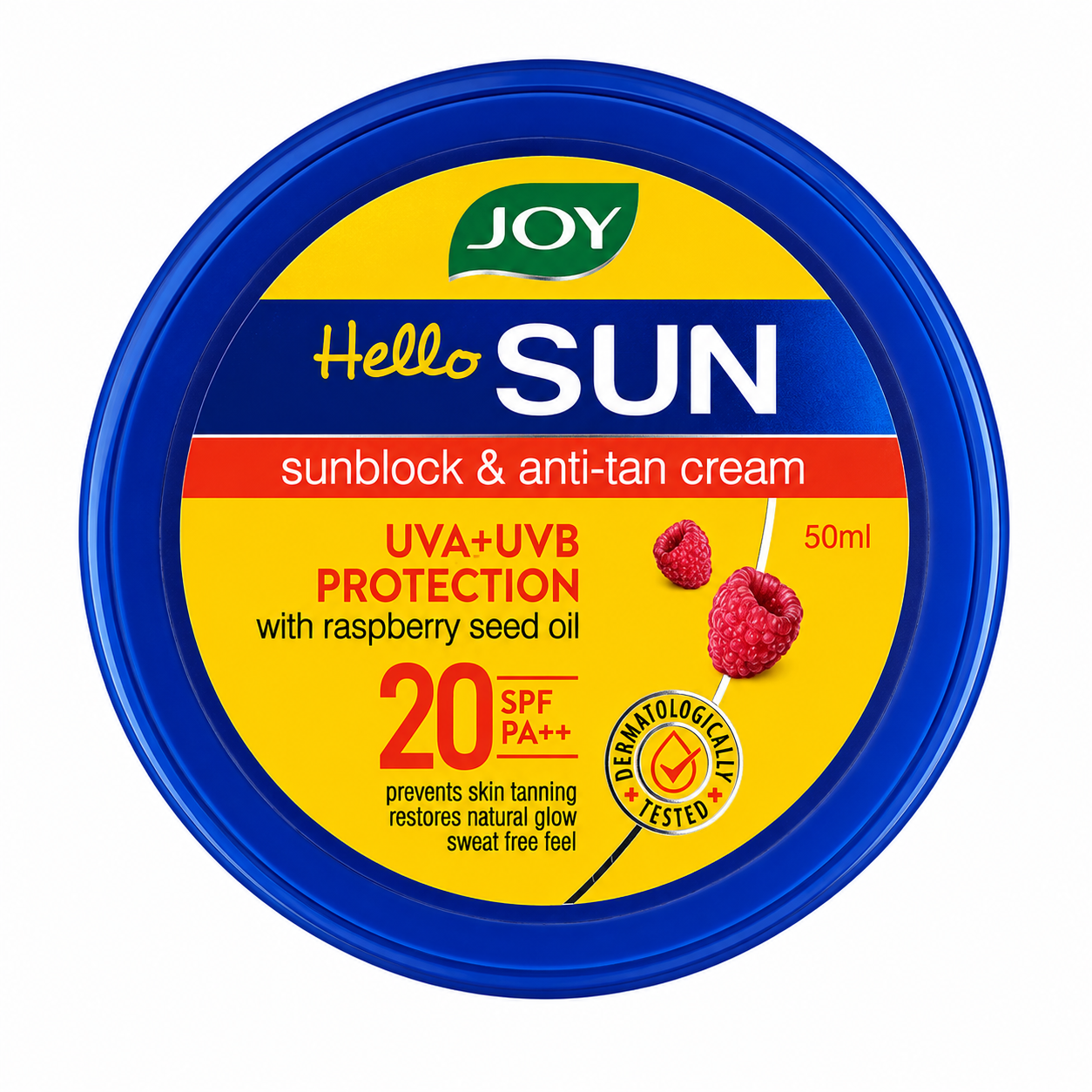 Joy Hello Sun Sunblock & Anti-Tan Cream SPF 20 PA++ with Raspberry Seed Oil | UVA & UVB Protection | Lightweight Non-Greasy Formula | Daily Sun Protection Cream | All Skin Types | 50 ml