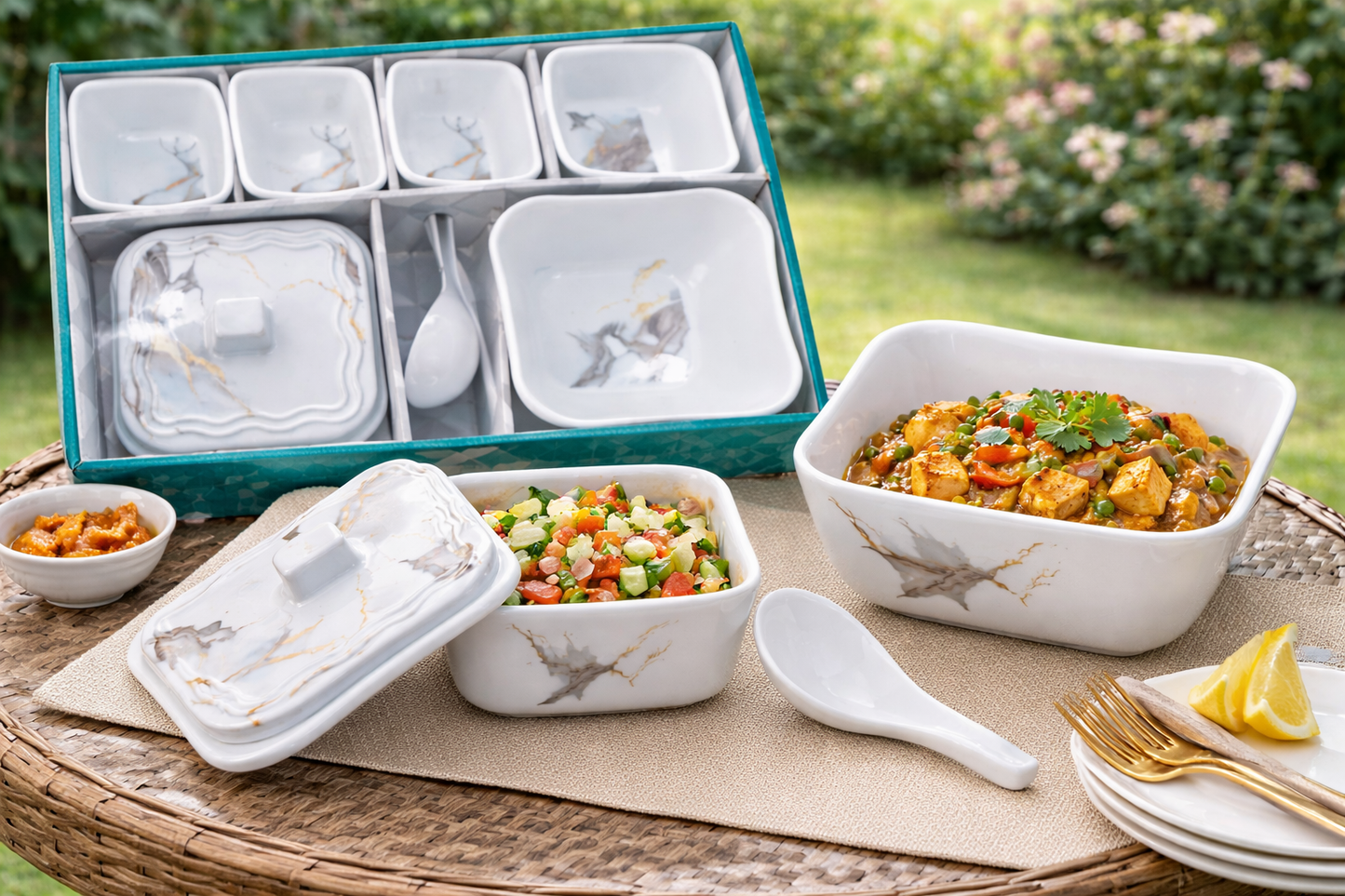 7-Piece Ceramic Serving Set with Square Bowls & Platter | 4 Small Bowls + 1 Large Bowl + 1 Lidded Platter + Spoon