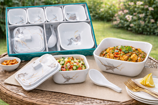 7-Piece Ceramic Serving Set with Square Bowls & Platter | 4 Small Bowls + 1 Large Bowl + 1 Lidded Platter + Spoon