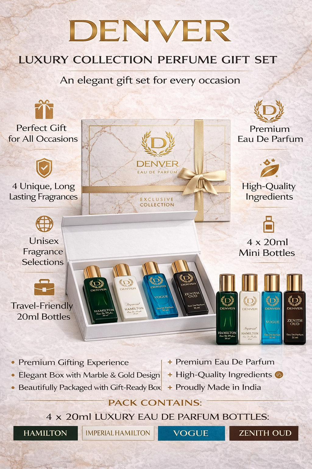 Denver Exclusive Perfume Gift Set for Men | 4 x 20ml Eau De Parfum | Hamilton, Imperial Hamilton, Vogue, Zenith Oud | Long-Lasting Luxury Fragrance Combo Pack
