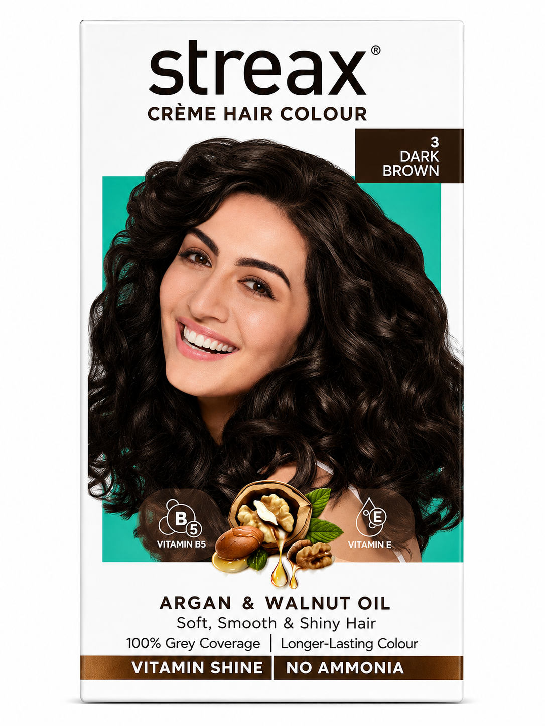 Streax Crème Hair Colour, Shade 3 Dark Brown, 100% Grey Coverage, Enriched with Argan & Walnut Oil, Vitamin B5 & E, Ammonia Free, Long-Lasting Colour