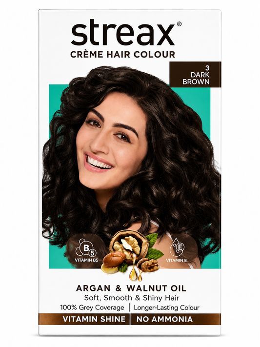 Streax Crème Hair Colour, Shade 3 Dark Brown, 100% Grey Coverage, Enriched with Argan & Walnut Oil, Vitamin B5 & E, Ammonia Free, Long-Lasting Colour