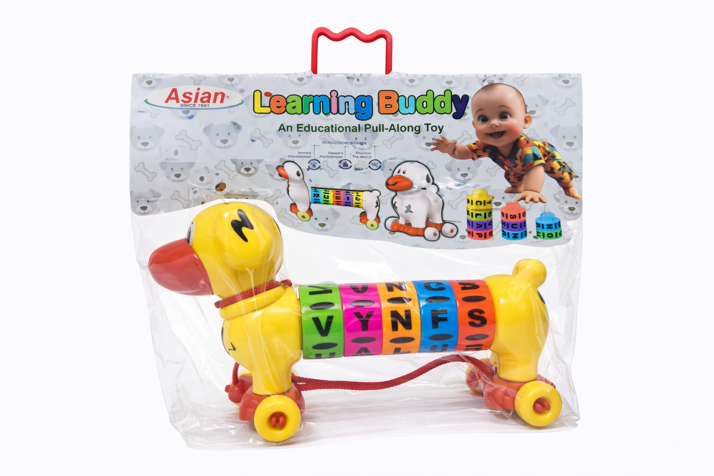 Learning Buddy Pull Along Toy for Kids (1+ Years) – Alphabet Learning Duck with Rotating Letter Blocks, Educational ABC Toy