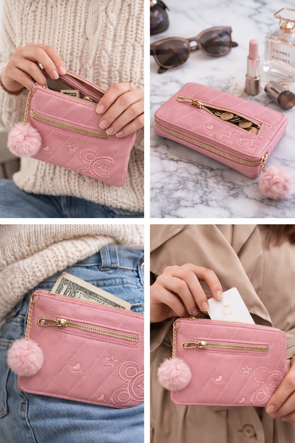 Pink Quilted Pouch for Women, Faux Leather Cosmetic Purse with Zipper Pocket, Pom Pom Charm