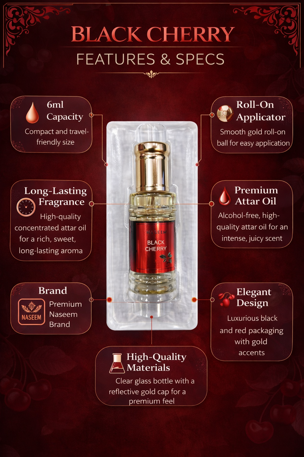 Black Cherry Attar Roll On Perfume Oil 6ml – Alcohol-Free Long Lasting Sweet & Fruity Fragrance for Men & Women