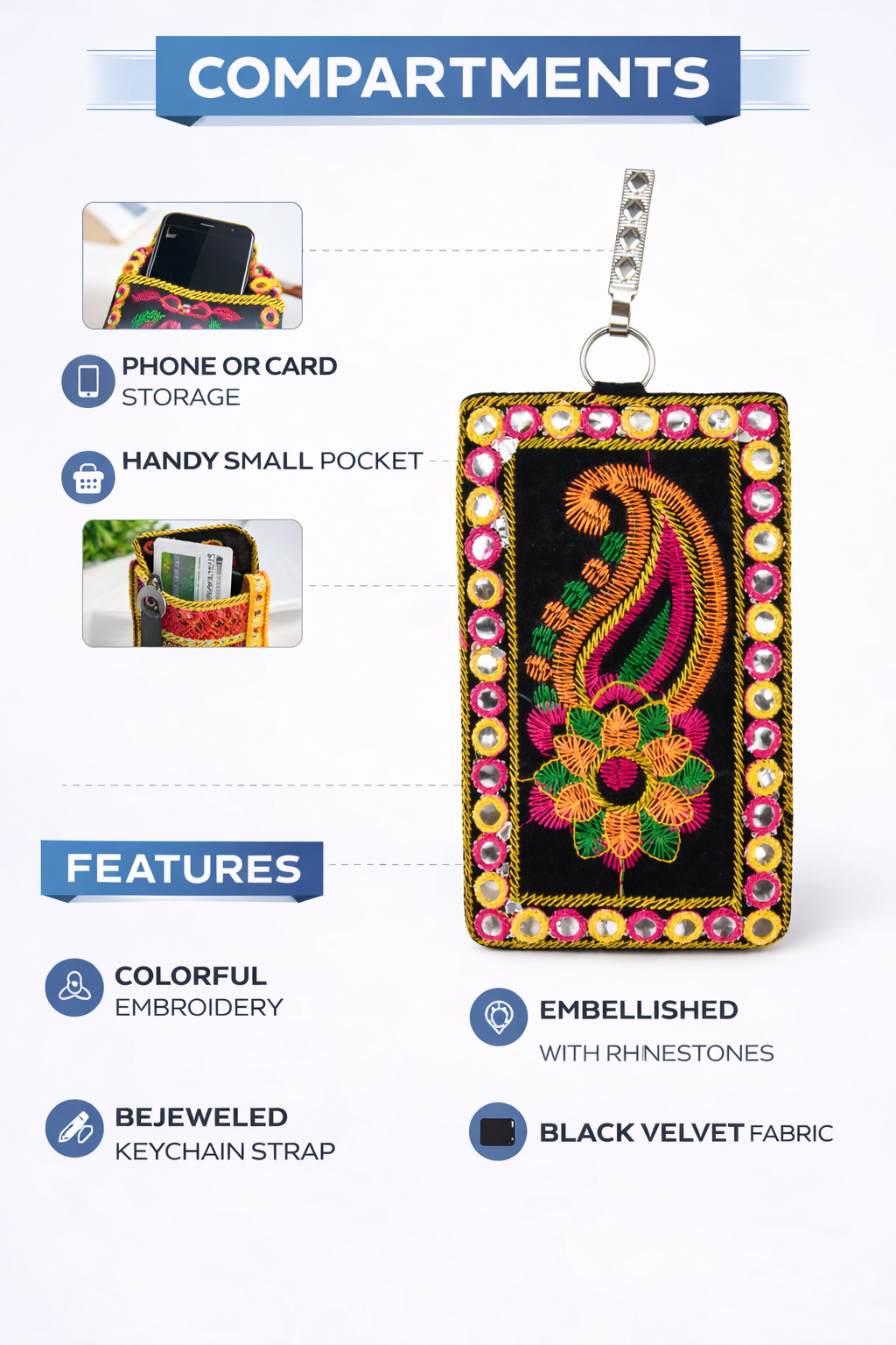 Handmade Embroidered Velvet Phone and Card Holder for Women, Rhinestone Mobile Pouch with Keychain Strap, Small Pocket Wallet and Card Case, Black Multicolor