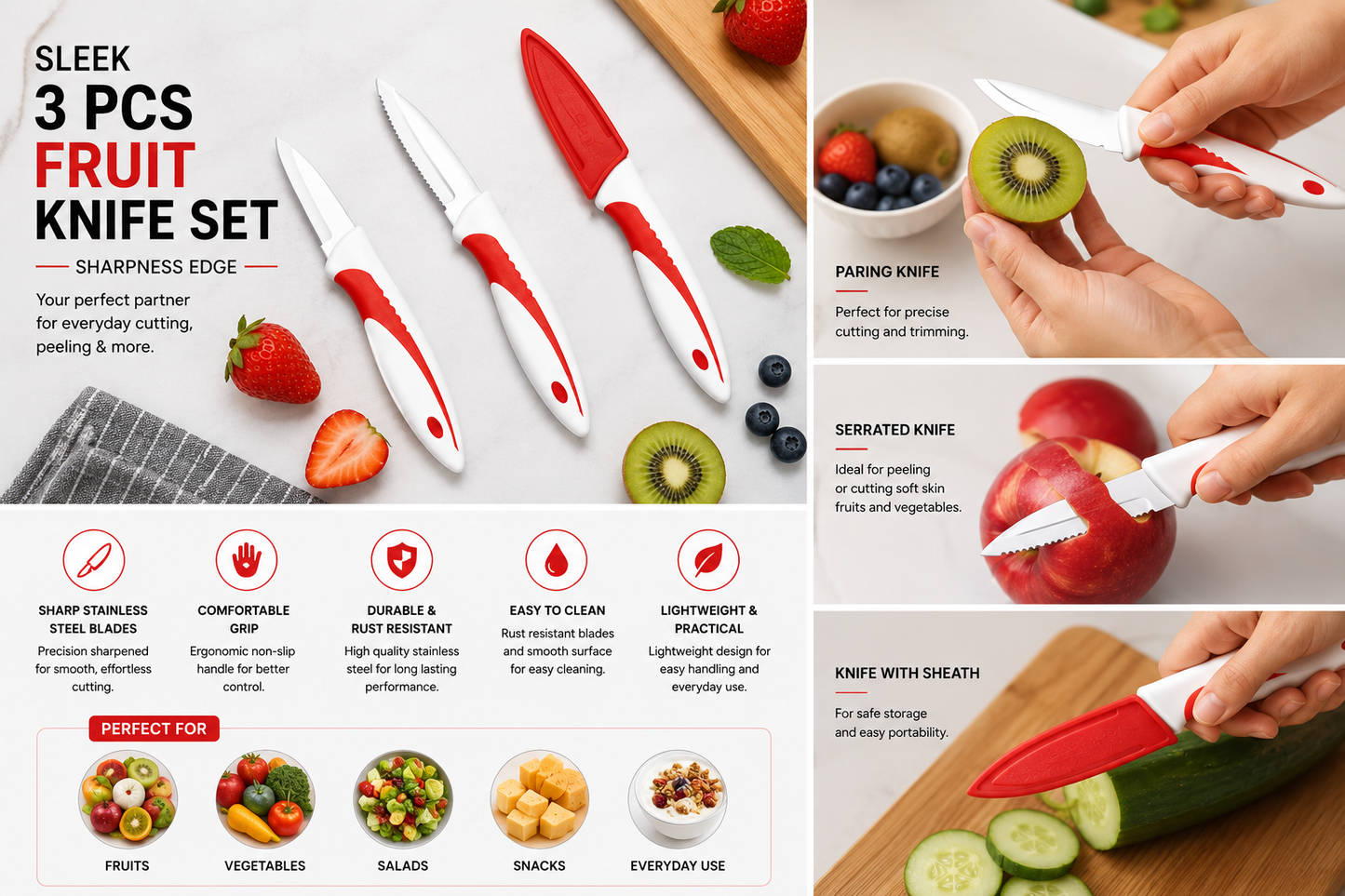 Sleek 3 Pcs Fruit Knife Set with Sheath, Stainless Steel Paring Knife & Serrated Knife Set, Multipurpose Kitchen Knives for Fruits, Vegetables & Salad, Ergonomic Grip Handle, White & Red