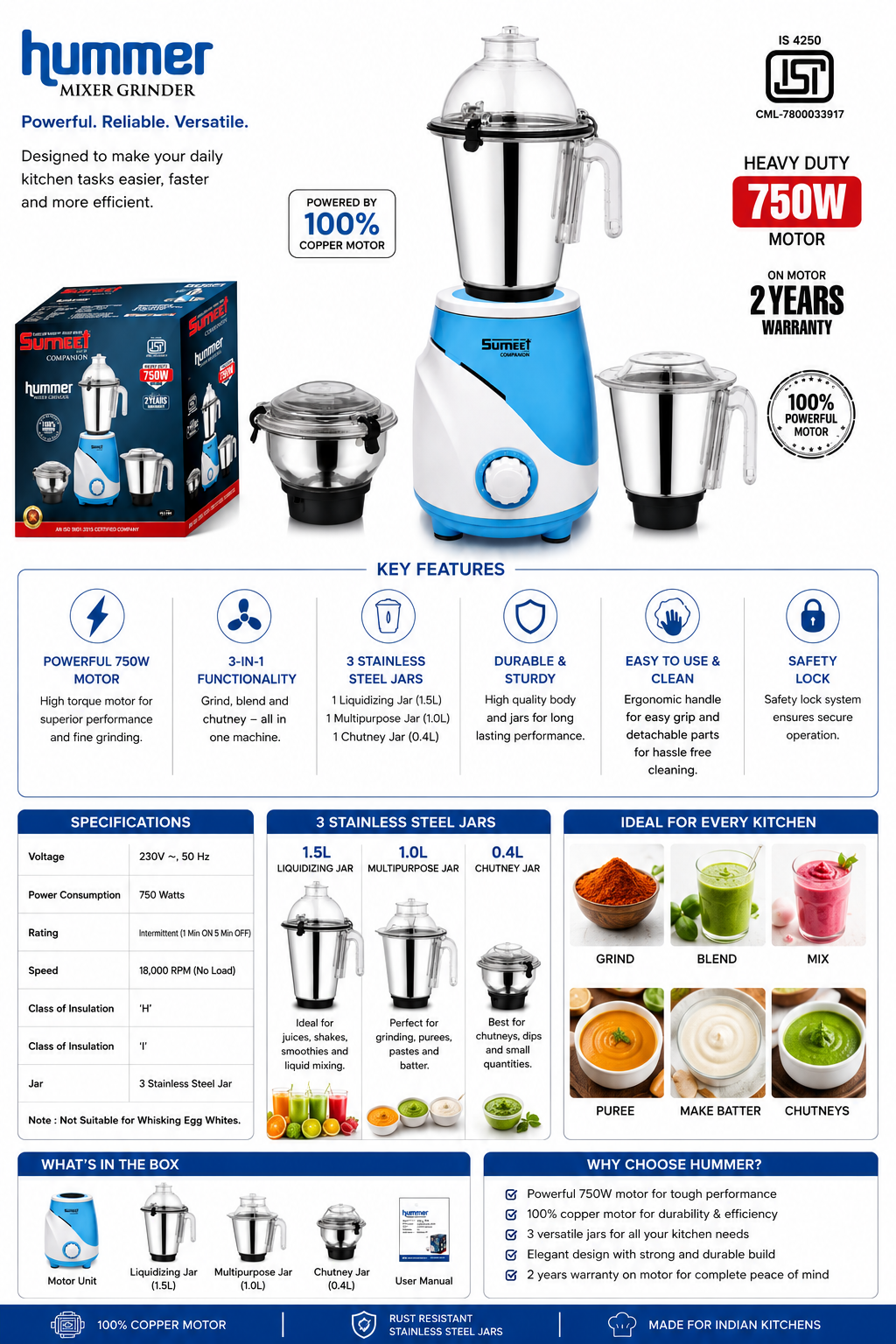Hummer Mixer Grinder 750 Watts | 3 Stainless Steel Jars | 100% Copper Motor | Heavy Duty Kitchen Mixer Grinder | Grind, Blend & Chutney Maker | 2 Years Motor Warranty