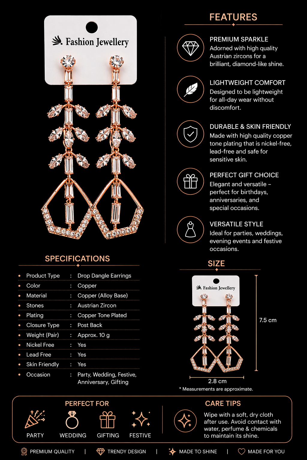 Harmal Store Elegant Drop Dangle Earrings for Women – Silver Tone Party Wear Earrings with High-Quality Austrian Zircons and Skin-Friendly Alloy
