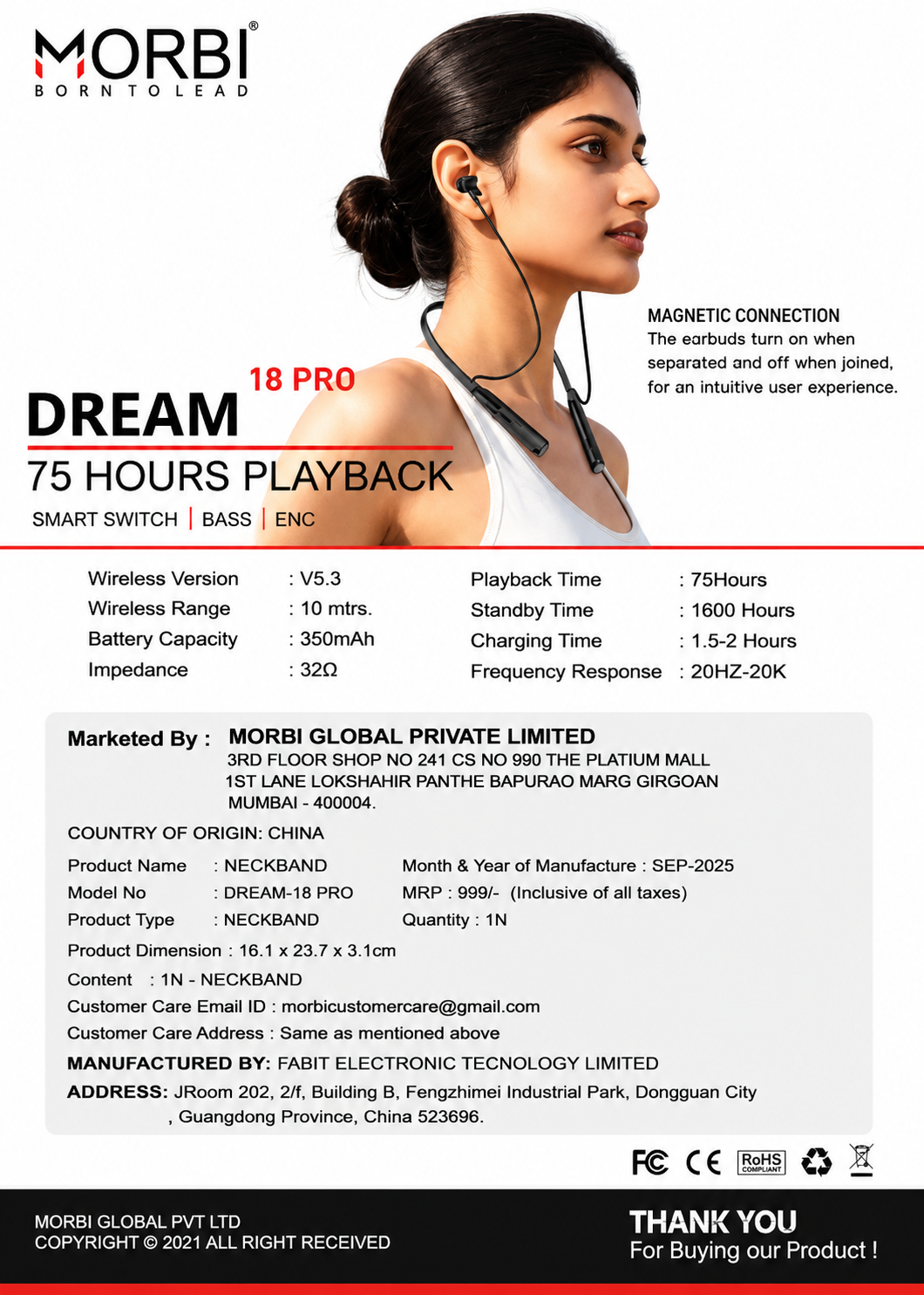 MORBI Dream 18 Pro Wireless Bluetooth Neckband Earphones, 75H Playback, 350mAh Battery, Bluetooth 5.3, ENC, Deep Bass, Magnetic Earbuds, Smart Switch, Type-C Charging, Black