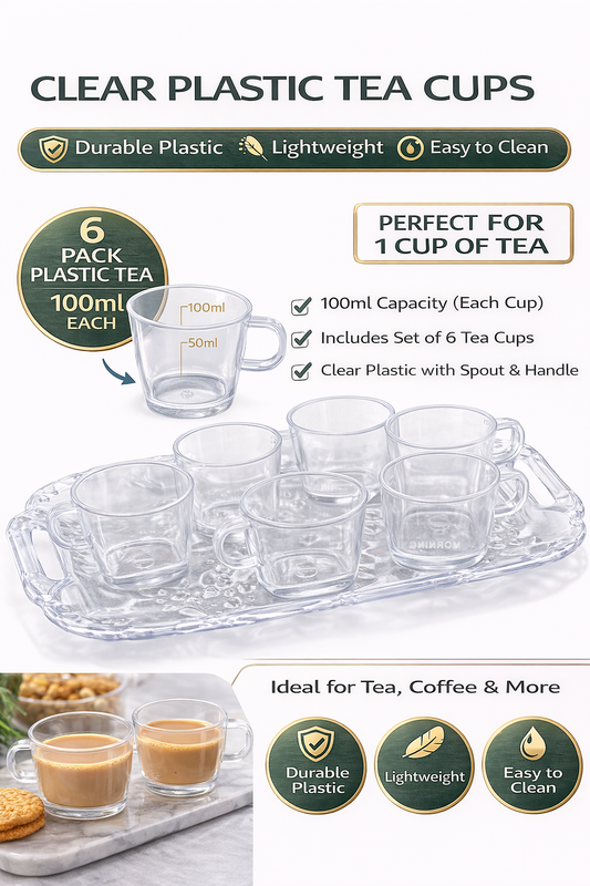 Clear Plastic Tea Cups Set of 6 (100ml Each) | Transparent Lightweight Cups with Handle | Durable & Easy to Clean | Tea, Coffee & Beverage Serving Cups for Home & Office