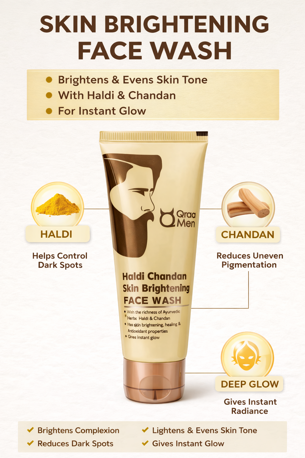 Qraa Men Haldi Chandan Skin Brightening Face Wash | Ayurvedic Turmeric Sandalwood Cleanser for Deep Cleansing & Instant Glow