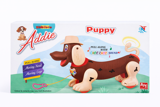 Addie Pull Along Puppy Toy for Kids (Age 1+) – Moving Head & Legs, Choo Choo Sound, Removable Hat, Safe & Durable Toddler Walking Toy