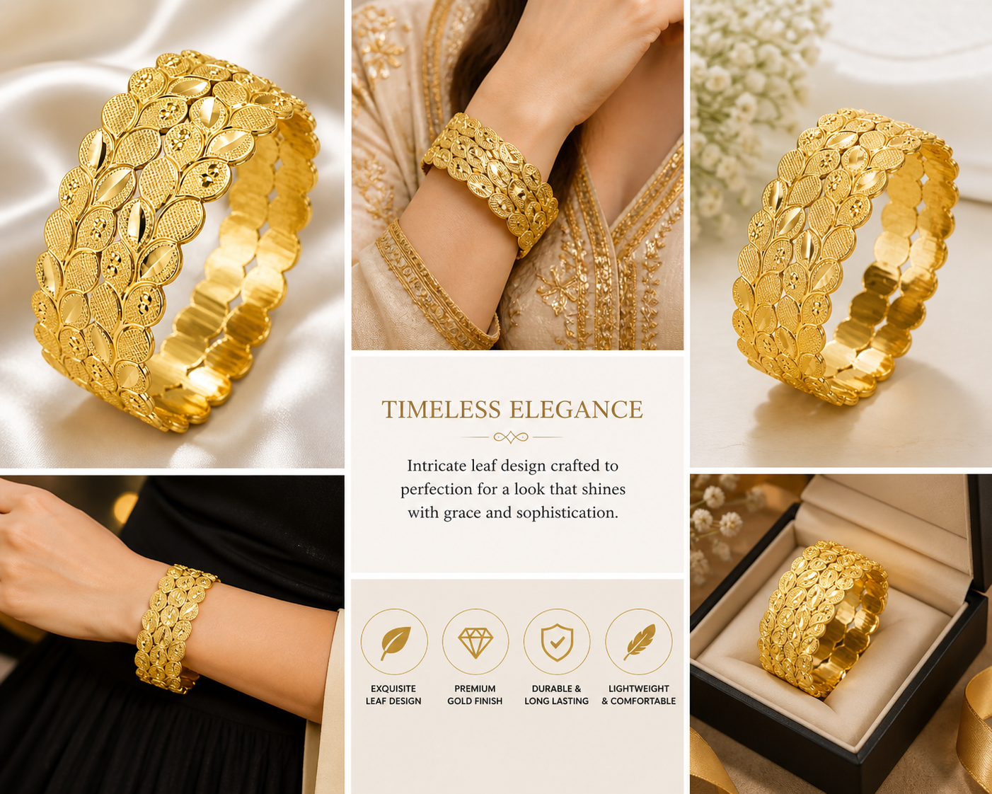 Harmal Store 1 Gram Gold Plated Leaf Textured Bangle for Women - 2.4cm Wide Premium Gold Plated Alloy Kada Bracelet with Sparkling Facets, Traditional Textured Leaf Design Jewelry Gift for Festive Wear