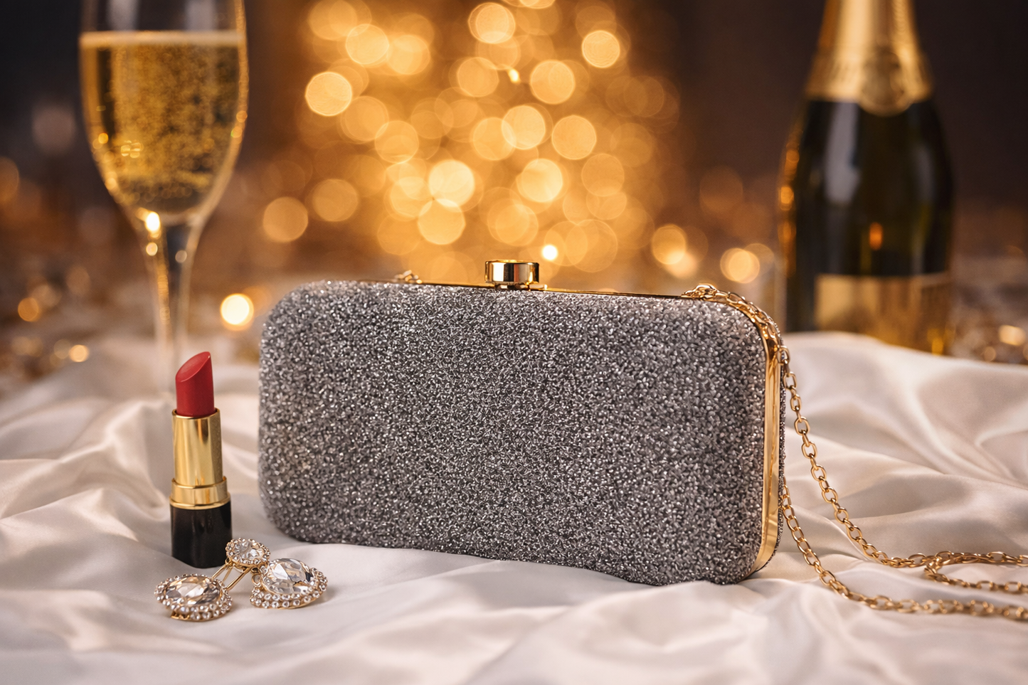 ilver Glitter Evening Clutch for Women, Sparkly Box Clutch Purse with Gold-tone Clasp, Elegant Party Handbag for Wedding