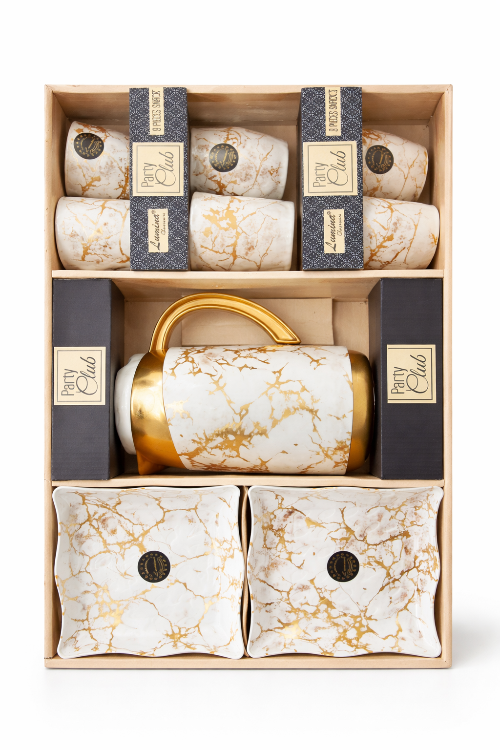 9-Piece Ceramic Tea Set with Jug & Snack Plates | 6 Cups + 2 Square Plates + 1 Jug