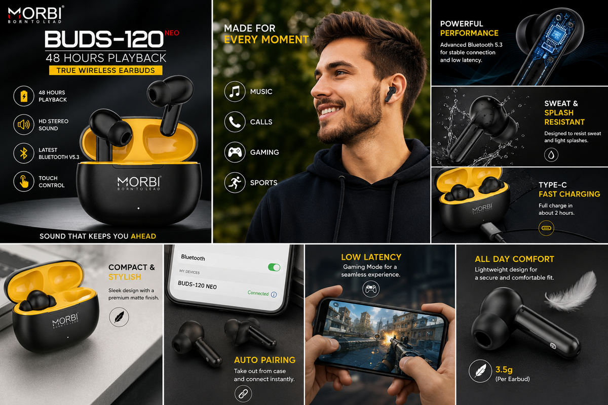 Morbi BUDS-120 NEO True Wireless Earbuds, Bluetooth 5.3, 48 Hours Playback, 13mm Driver, HD Stereo Sound, Touch Control, Low Latency Gaming Mode, Type-C Charging, IPX4