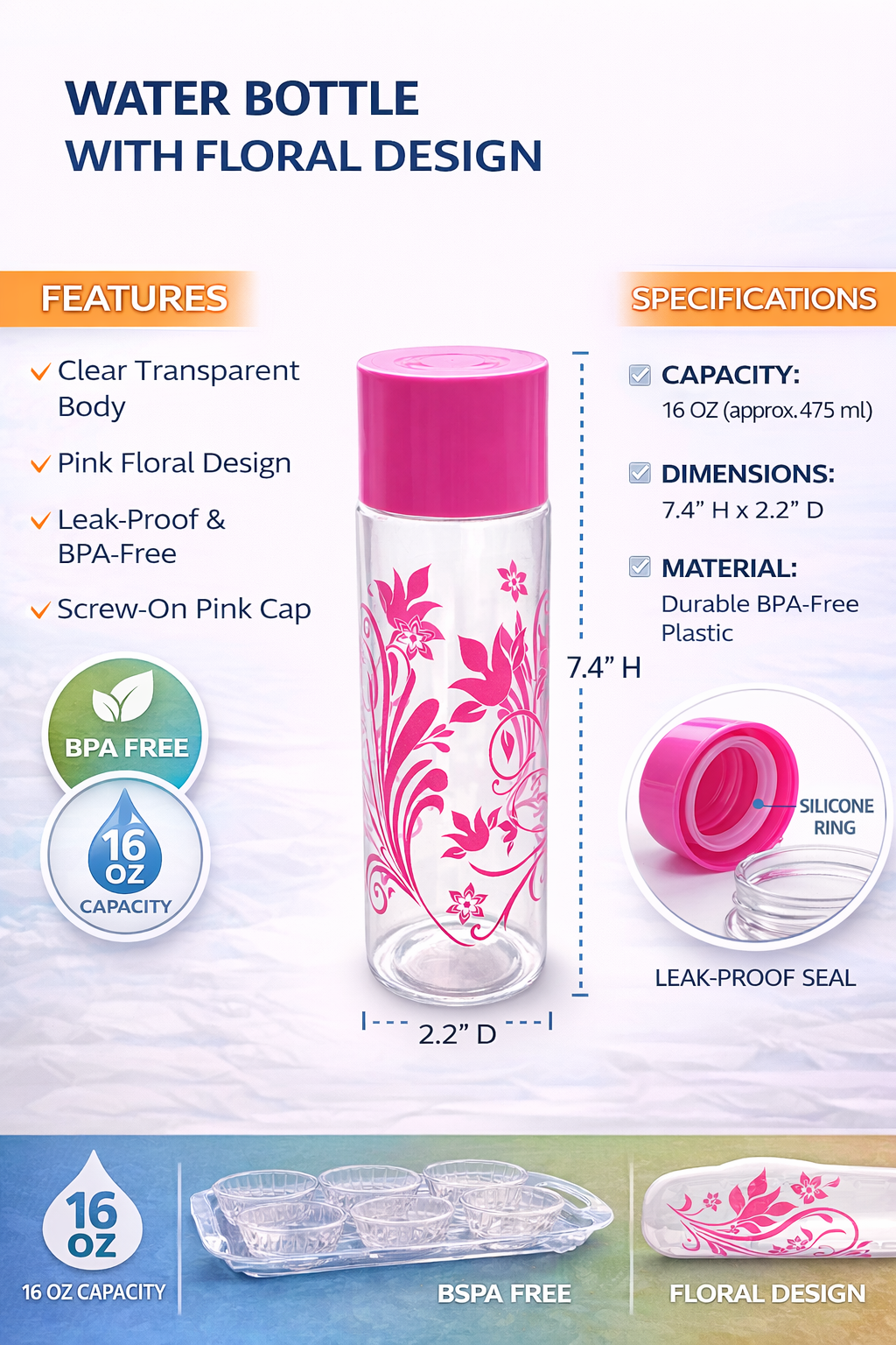 16 Oz Water Bottle with Pink Floral Design – BPA-Free Leak-Proof Plastic Bottle with Screw Cap – Reusable Transparent Drinking Bottle for Gym, Office, School & Travel
