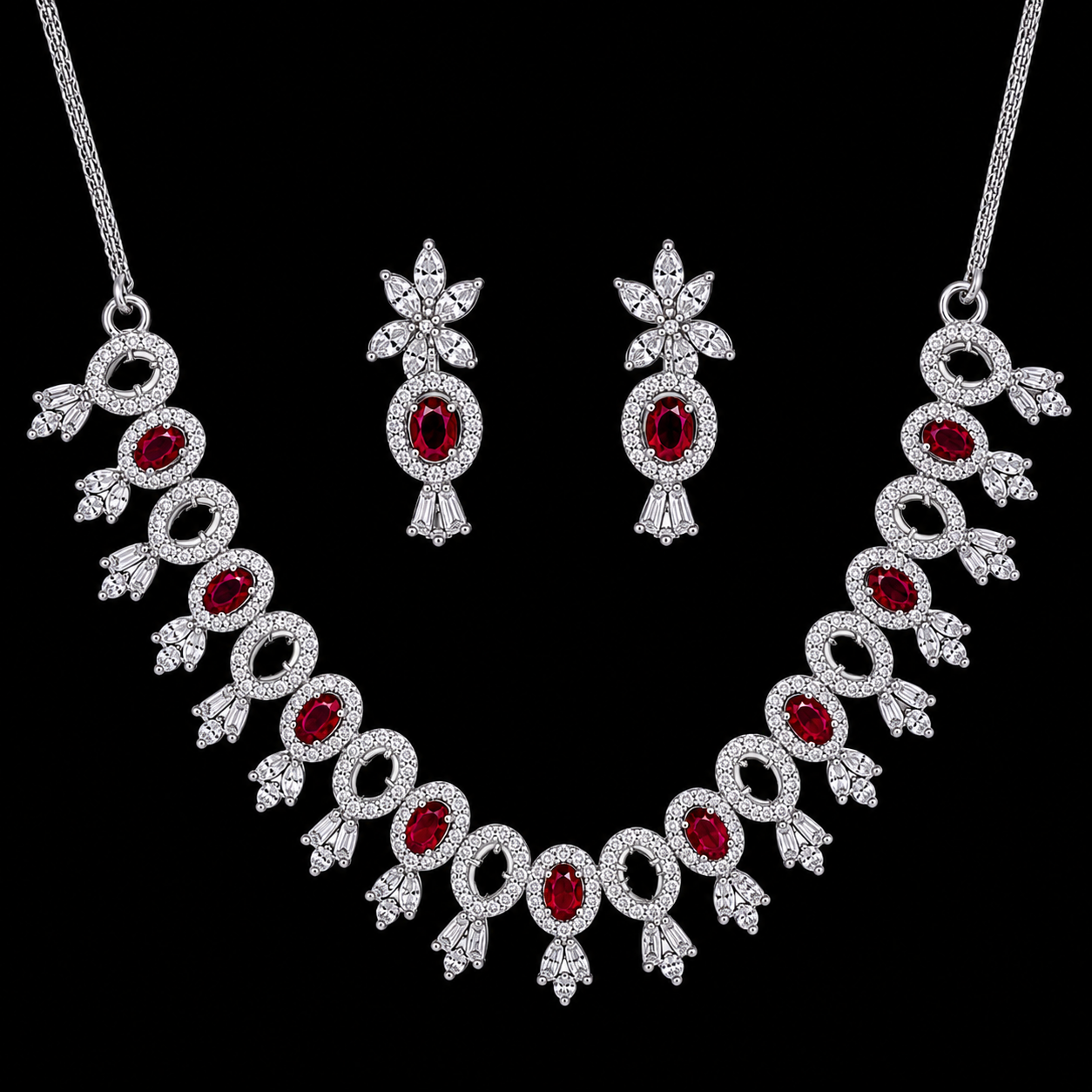 Ruby Elegance Necklace Earrings Set for Women, Cubic Zirconia Jewelry Set, Rhodium Plated Red Stone Necklace Set, Bridal Wedding Party Jewelry for Girls & Women