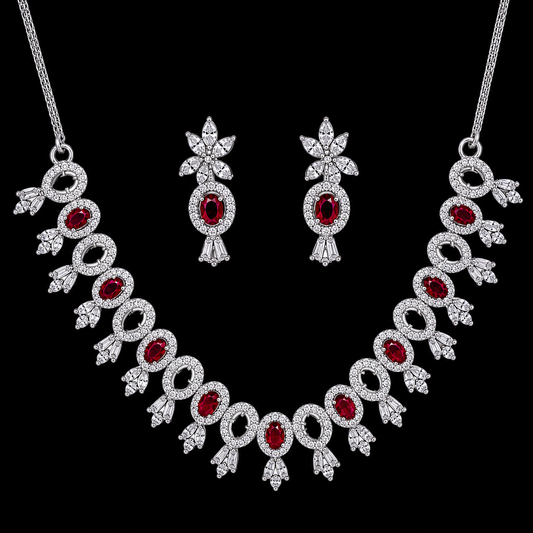 Ruby Elegance Necklace Earrings Set for Women, Cubic Zirconia Jewelry Set, Rhodium Plated Red Stone Necklace Set, Bridal Wedding Party Jewelry for Girls & Women