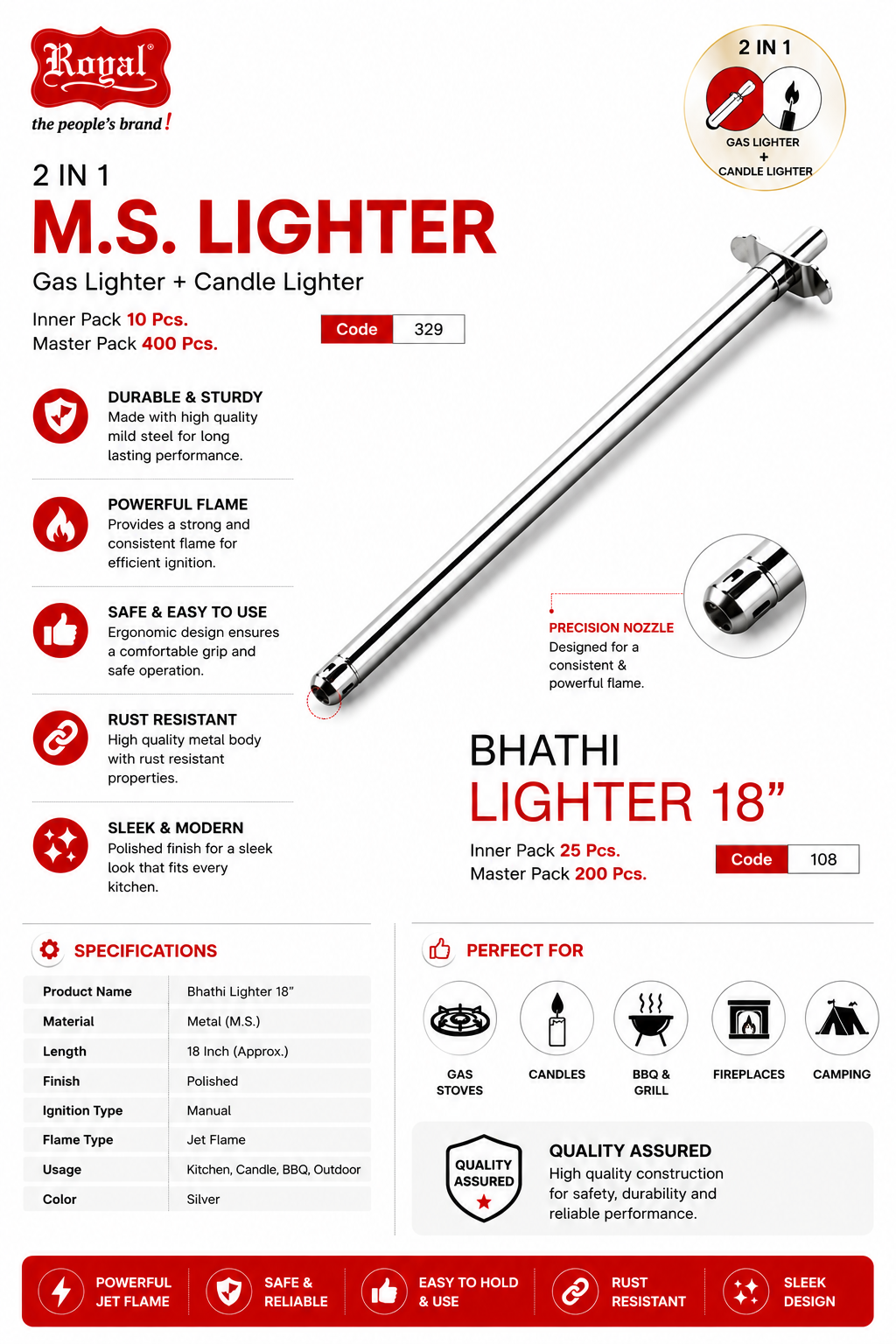 Royal Bhathi Gas Lighter 18 Inch, 2 in 1 M.S. Gas & Candle Lighter, Long Handle Stainless Steel Kitchen Lighter, Jet Flame Manual Igniter for Gas Stove, BBQ, Fireplace & Camping