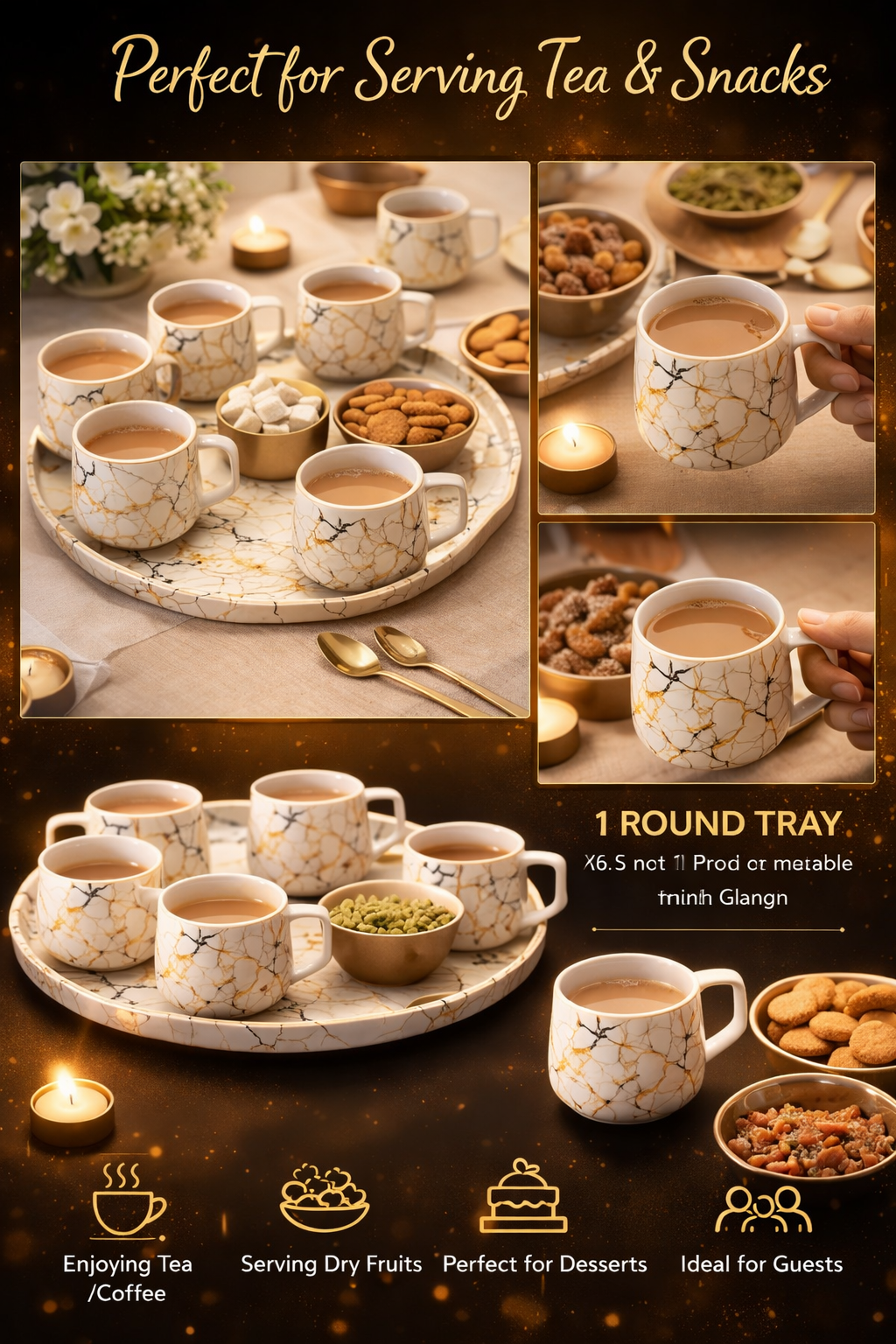 Premium Marble Finish Tea Cup Set with Tray (7 Pieces) – 6 Ceramic Coffee Mugs (230 ml) + 10.5 Inch Serving Tray