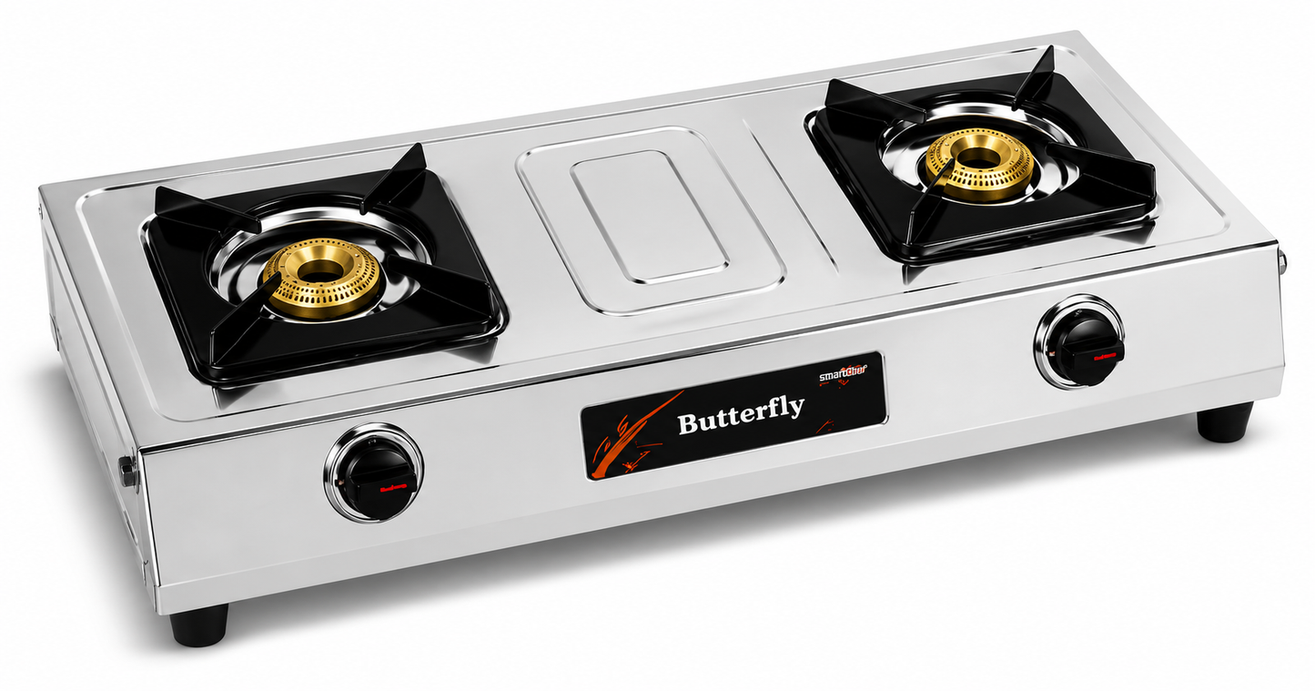 SR-210 Butterfly 2 Burner Gas Stove | Stainless Steel Body | Brass Burners | Heavy Duty Pan Support | Manual Ignition LPG Gas Stove | Silver