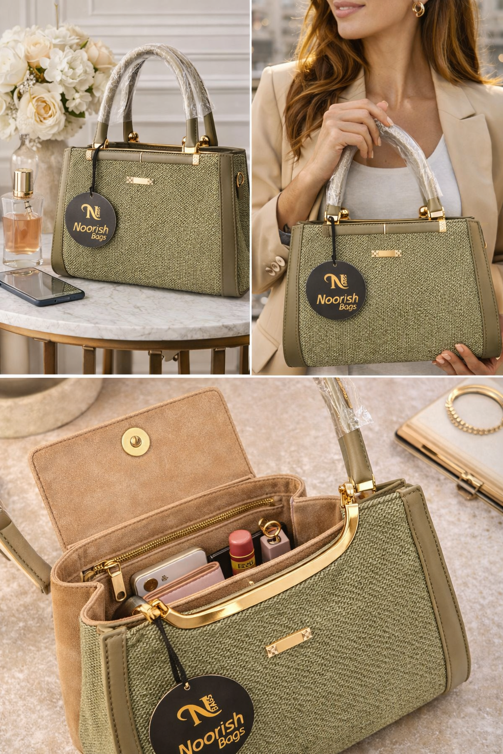 Women’s Tweed Handbag, Premium Textured Fabric Satchel with Gold-Tone Hardware, Elegant Tote Bag with Inner Zip Pocket for Office & Daily Use