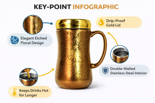 Gold Stainless Steel Insulated Mug with Lid | Double Wall Vacuum Coffee & Tea Mug