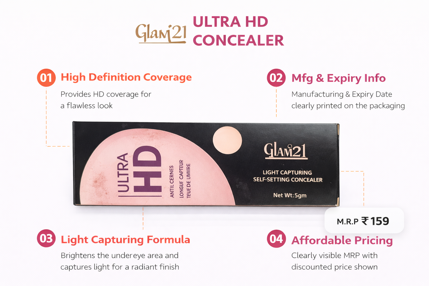 Glam21 Ultra HD Concealer 5gm | Full Coverage Concealer for Dark Circles & Spots