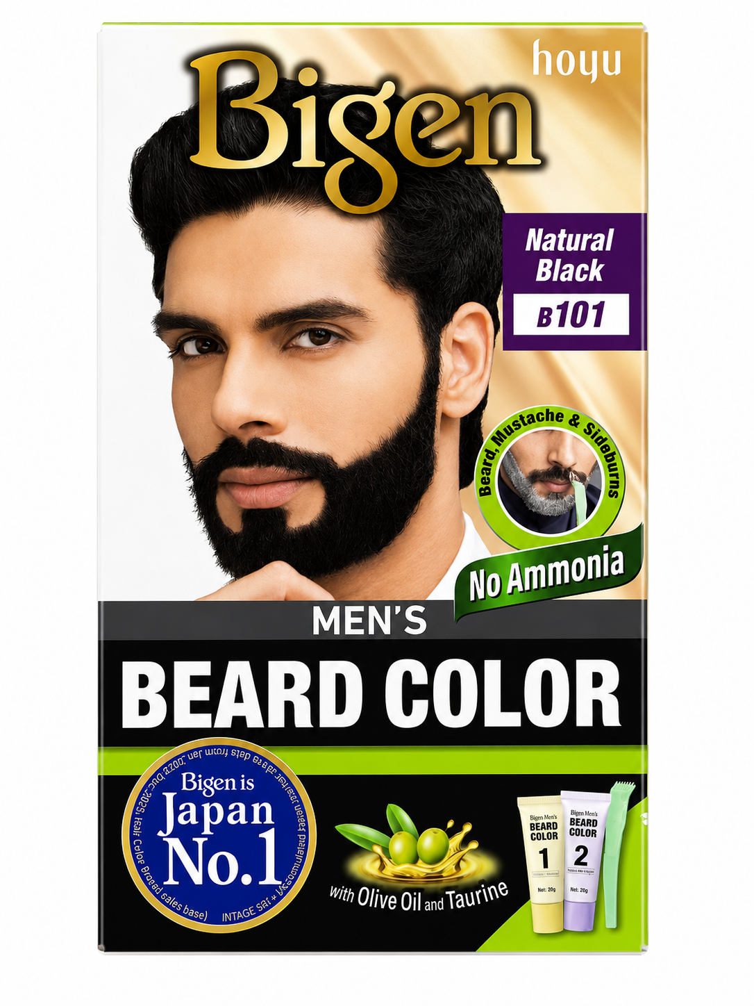 Bigen Men's Beard Color B101 Natural Black, Ammonia-Free Beard & Moustache Dye, Grey Coverage, Enriched with Olive Oil & Taurine, Non-Drip Cream, Easy Application