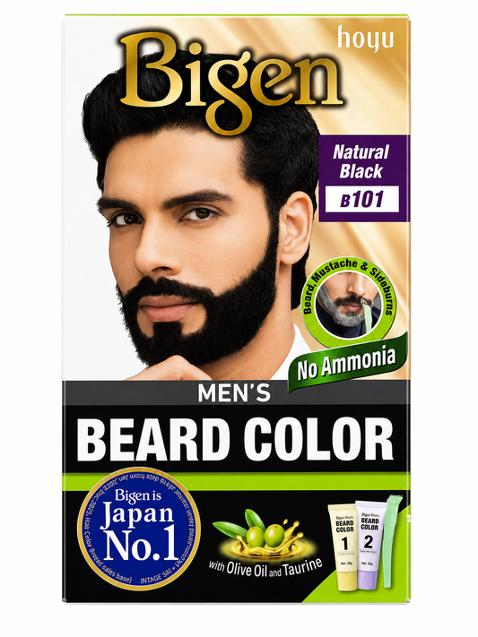 Bigen Men's Beard Color B101 Natural Black, Ammonia-Free Beard & Moustache Dye, Grey Coverage, Enriched with Olive Oil & Taurine, Non-Drip Cream, Easy Application