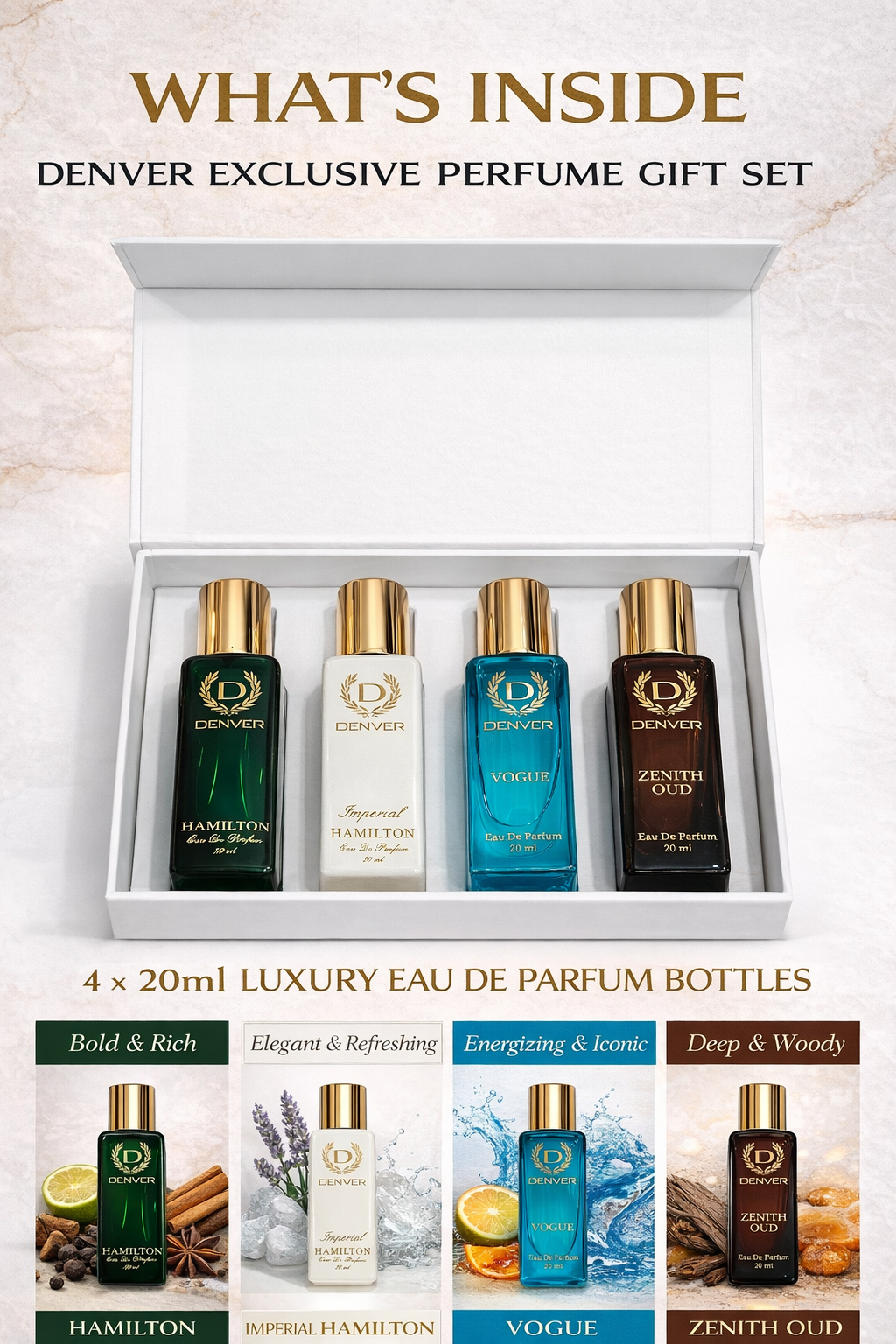 Denver Exclusive Perfume Gift Set for Men | 4 x 20ml Eau De Parfum | Hamilton, Imperial Hamilton, Vogue, Zenith Oud | Long-Lasting Luxury Fragrance Combo Pack